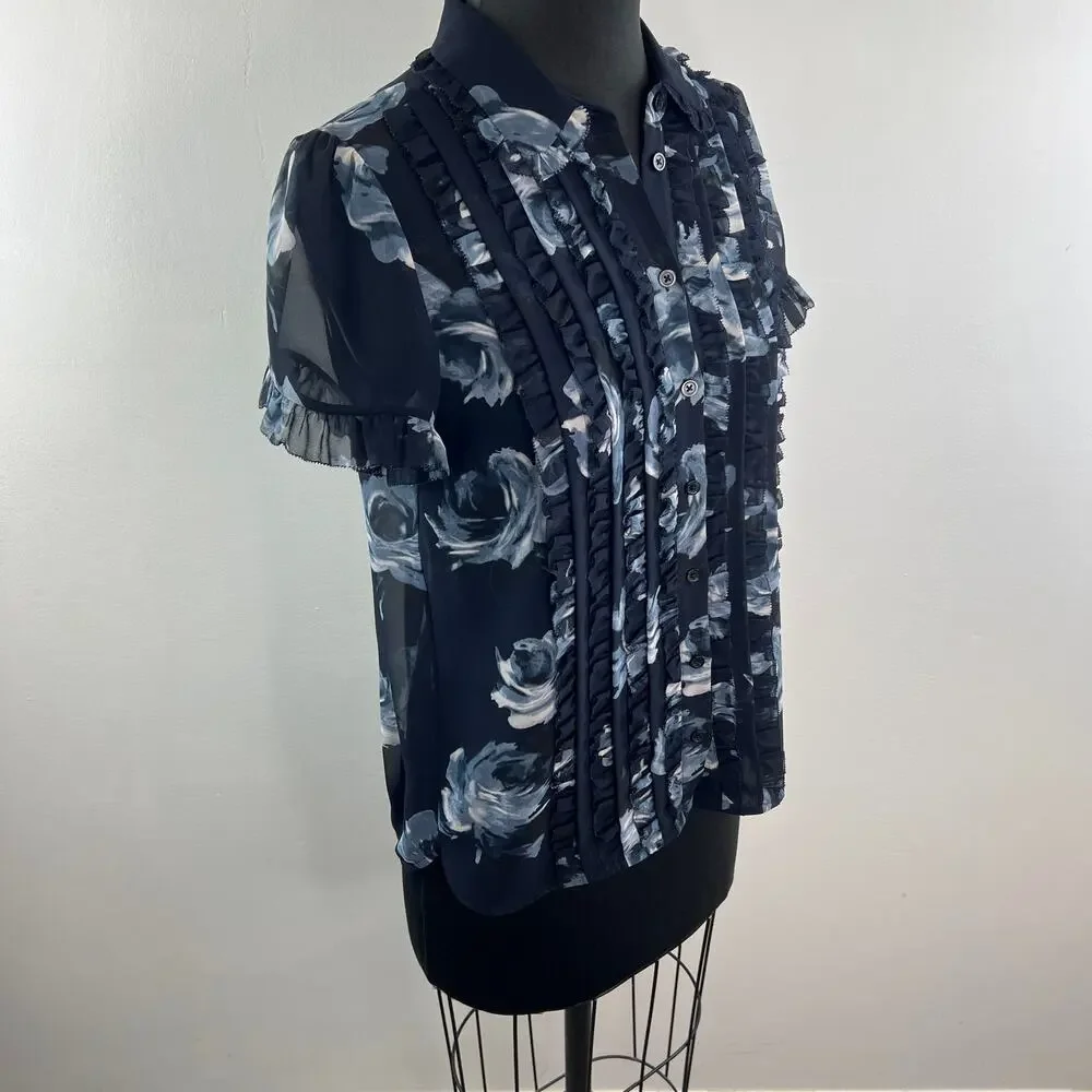 KATE SPADE Black Blue Top Night Rose Collared Ruffle Sleeve Button-Up Size Small